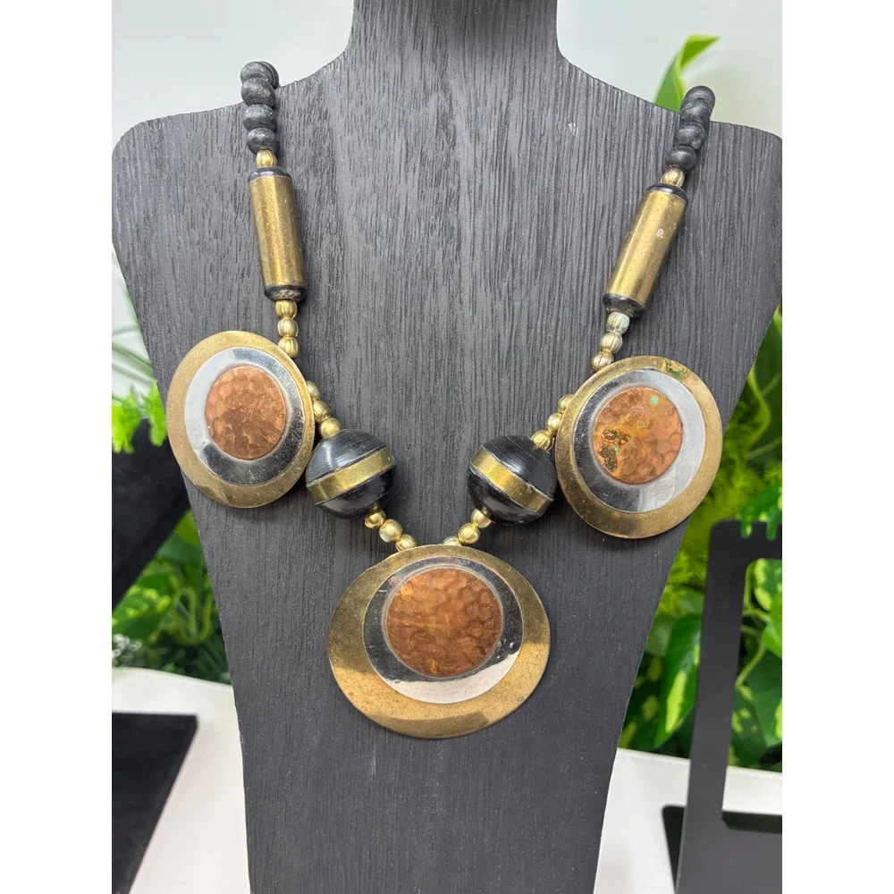 Vintage Brutalist Statement Necklace Brass Copper Modernist